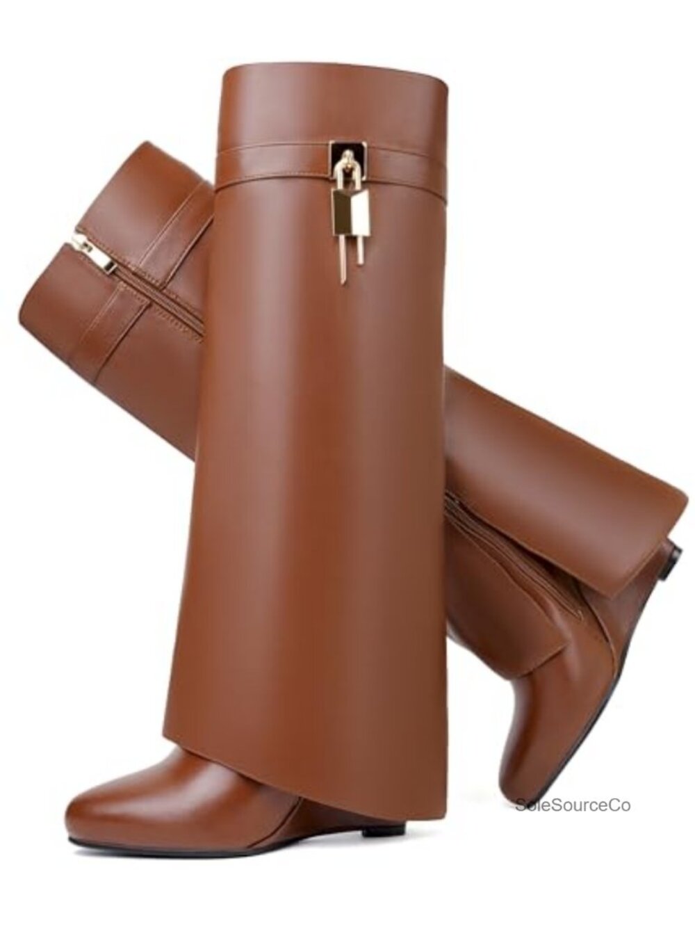 Women's Fold Over Knee High Shark Boots 4-Inch Wedge Heel Side Zipper